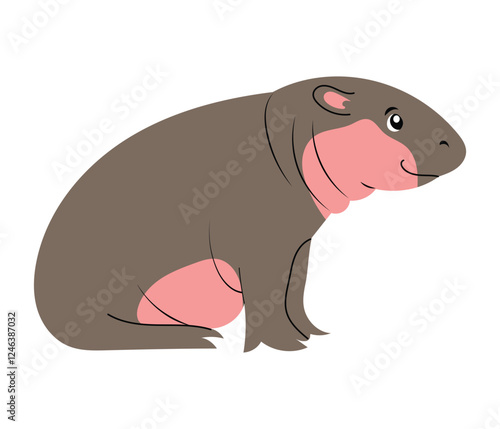 Little baby hippopotamus, side view. Hand drawn isolated vector illustration with cute hippo.