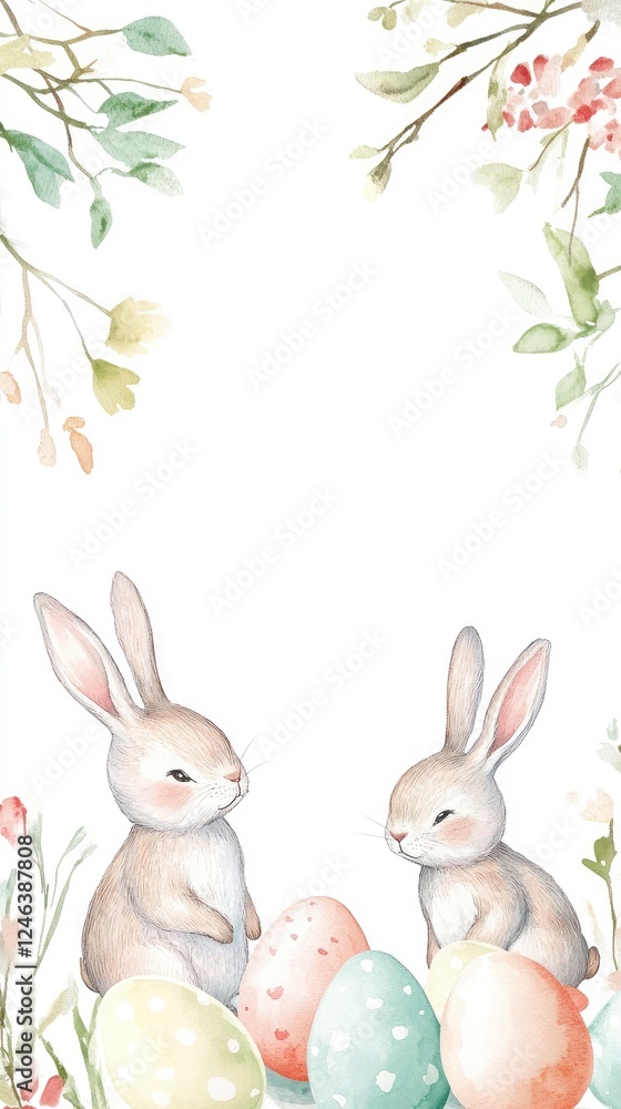 Obraz premium Minimalist Watercolor Easter Theme with Cute Bunnies and Colorful Eggs in Border Design