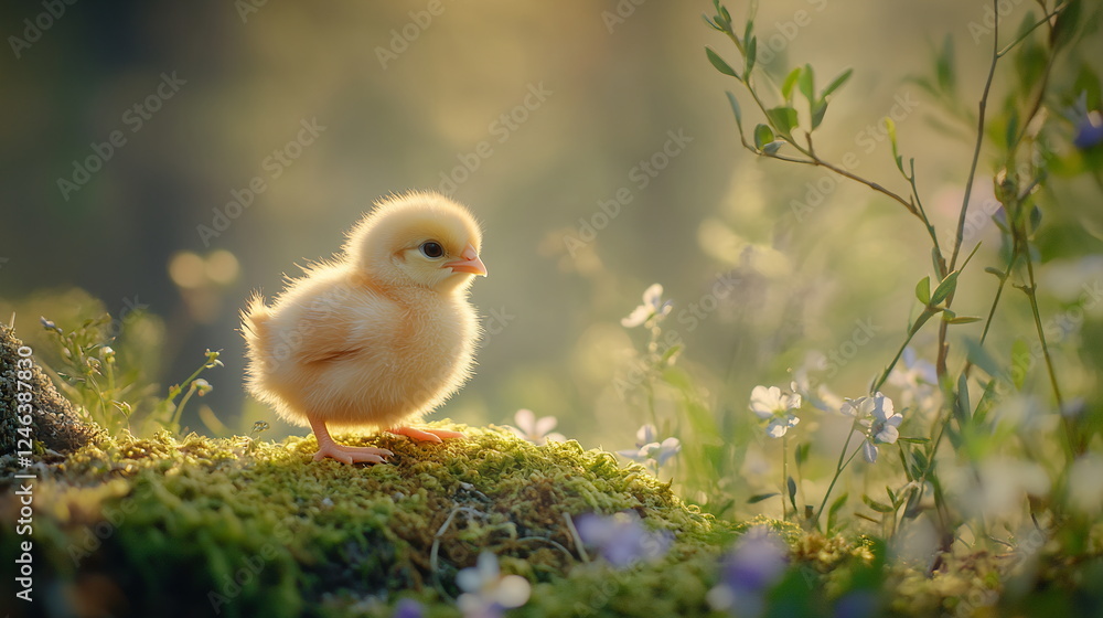 fluffy yellow chick standing on bed of moss, surrounded by delicate wildflowers and small olive branches. background is softly blurred. Easter concept. Horizontal web banner for social media fluffy yellow chick standing on bed of moss, surrounded by delicate wildflowers and small olive branches. background is softly blurred. Easter concept. Horizontal web banner for social media
