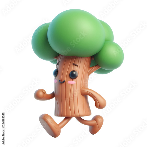 Cute 3d walking tree isolated on white background