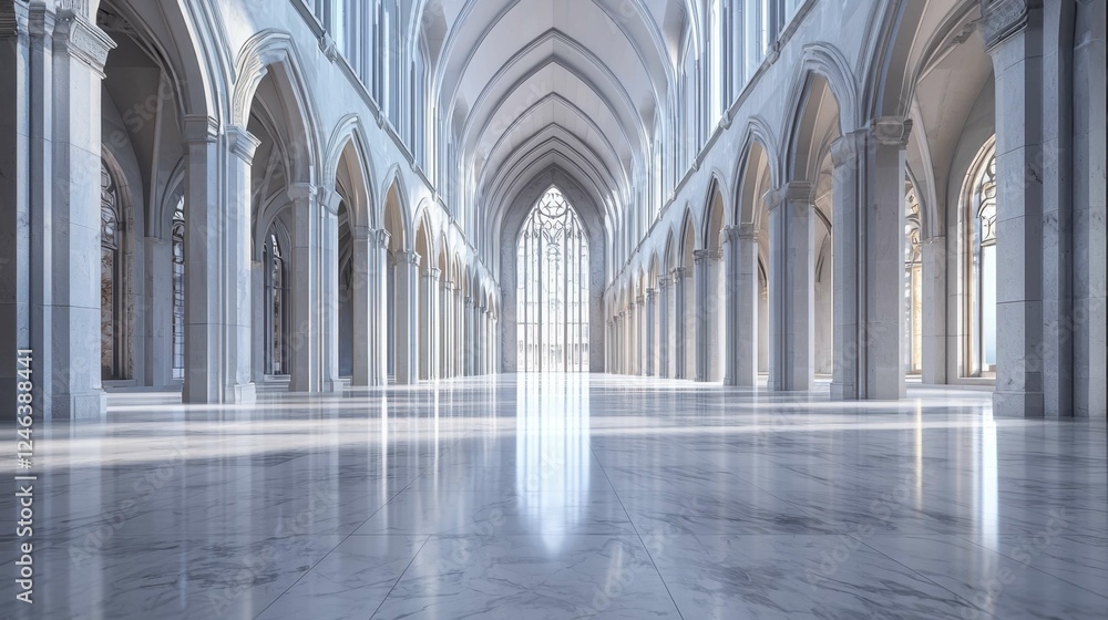 Obraz premium Elegant Gothic Architecture Interior with Light-Filtered Windows