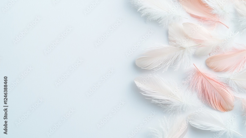 Fototapeta premium Pastel feathers on blue background, copy space