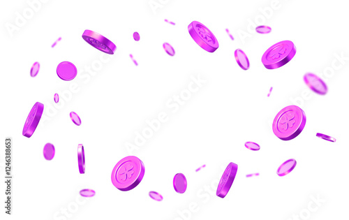 3d flying purple coins with clover leaves. St. Patrick's Day shiny element. Rich or casino luck concept. Precious expensive treasure. Stock vector illustration.	