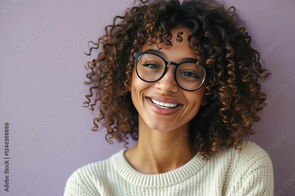 Obraz premium close-up portrait of a smiling young woman with curly hair and glasses