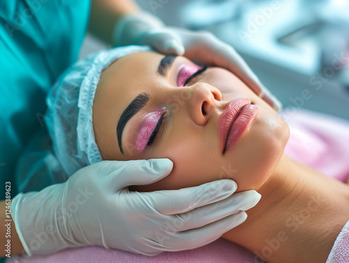 Rejuvenating Facial Treatment in a Beauty Salon. The professional is gently massaging her face to ensure relaxation and skin care. photo