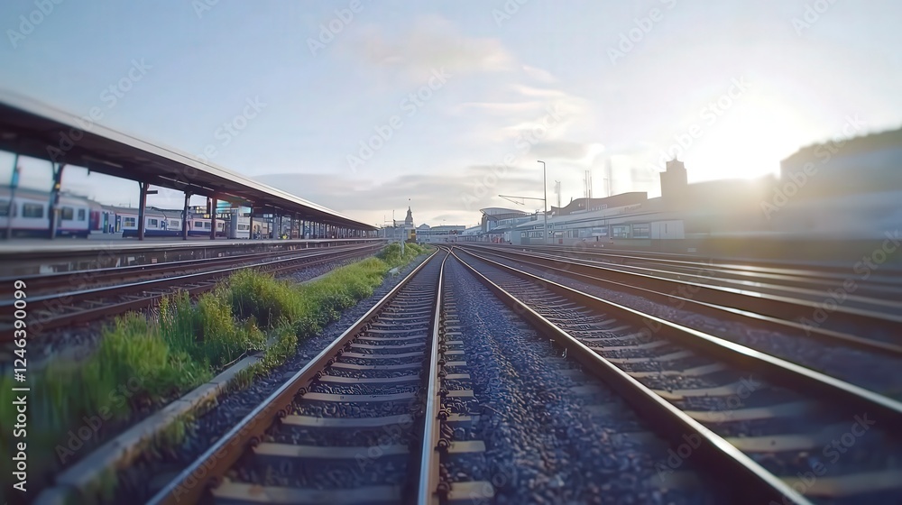 Serene Train Tracks at Sunset with Station Infrastructure Visible Serene Train Tracks at Sunset with Station Infrastructure Visible