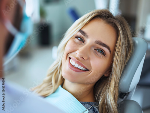 A woman with blonde hair smiling brightly while sitting in a dental chair. She looks relaxed and comfortable, with the dentist nearby.  