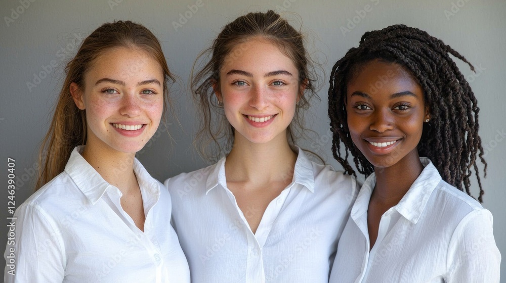Three young women showcase their friendship and confidence, wearing matching white shirts and radiating positivity. They pose together harmoniously against a gentle grey background Three young women showcase their friendship and confidence, wearing matching white shirts and radiating positivity. They pose together harmoniously against a gentle grey background