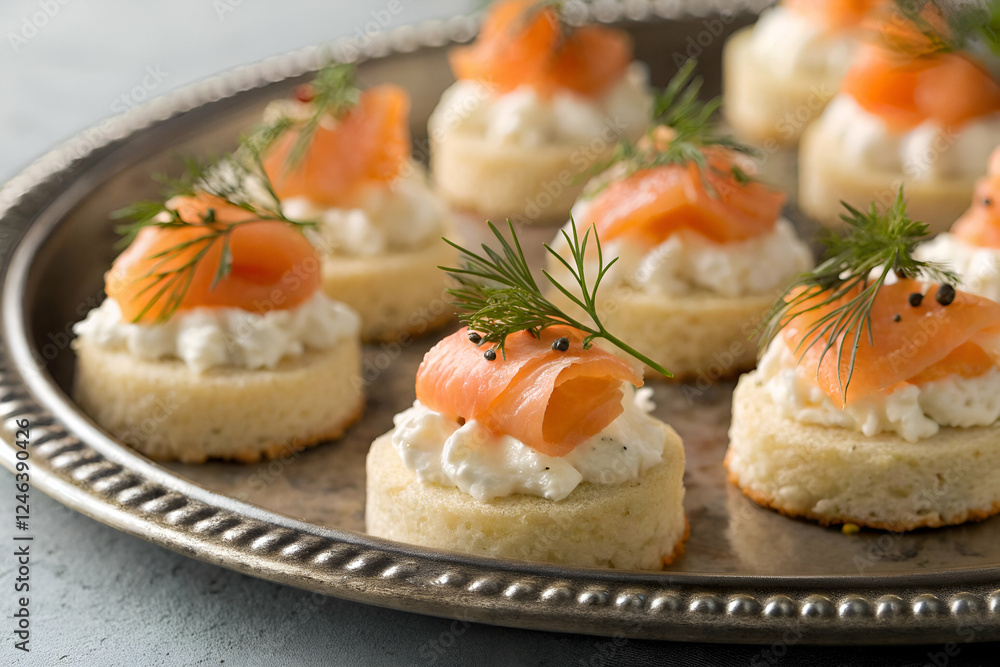 Catering & Wedding Food, A platter of bite-sized appetizers featuring smoked salmon, cream cheese, and fresh dill on a round, lightly toasted base, perfect for elegant gatherings. Catering & Wedding Food, A platter of bite-sized appetizers featuring smoked salmon, cream cheese, and fresh dill on a round, lightly toasted base, perfect for elegant gatherings.