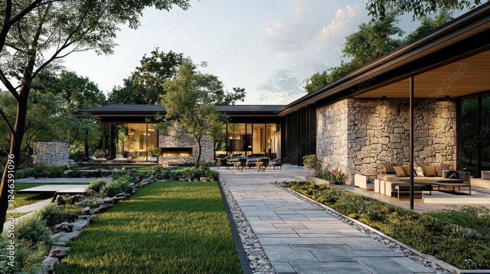 Modern Stone House Surrounded by Lush Greenery and Outdoor Living Space Modern Stone House Surrounded by Lush Greenery and Outdoor Living Space