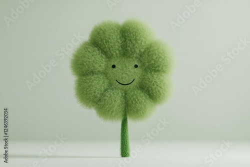 Cute green fluffy tree illustration with a smiling face, representing environmental friendliness and optimism Perfect for eco friendly themes and children s content photo