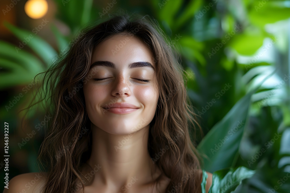 Smiling young woman with closed eyes enjoying peaceful moment surrounded by lush green tropical plants Smiling young woman with closed eyes enjoying peaceful moment surrounded by lush green tropical plants