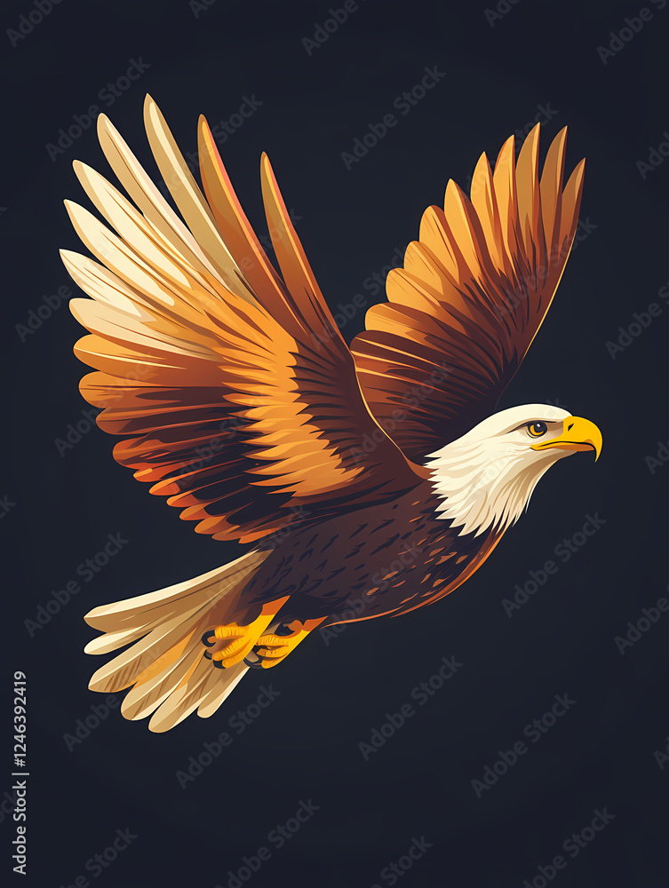 Obraz premium A majestic bald eagle in flight with wings fully extended soars high with freedom.