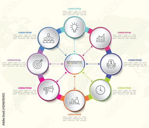 8 list of circular layout diagram with icons, infographic element template