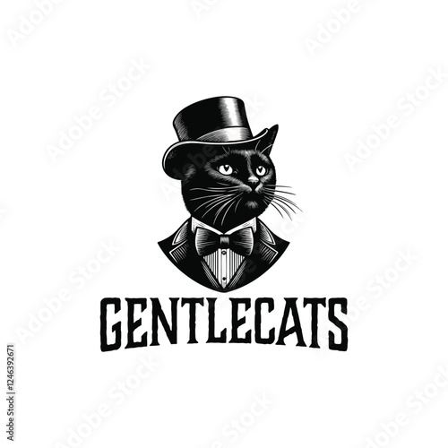 Black Cat wears gentleman tuxedo suit with bow tie and victorian felt top hat for Feline Pets Grooming Salon and Fashion Beauty viintage classic logo