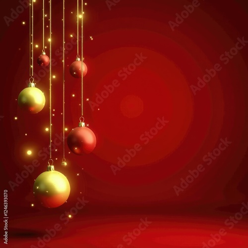 A string of golden Christmas balls and stars suspended in mid-air on a deep red background, holiday, bauble, festive lights
