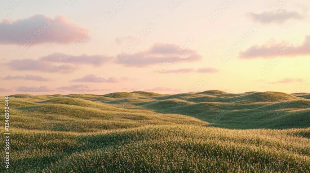 Serene Rolling Hills Covered with Lush Green Grass at Sunset Serene Rolling Hills Covered with Lush Green Grass at Sunset