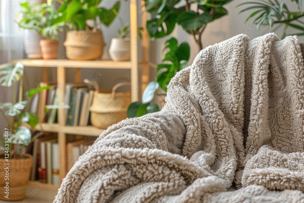 Cozy living room with a soft blanket draped over a chair, surrounded by lush indoor plants and books Cozy living room with a soft blanket draped over a chair, surrounded by lush indoor plants and books