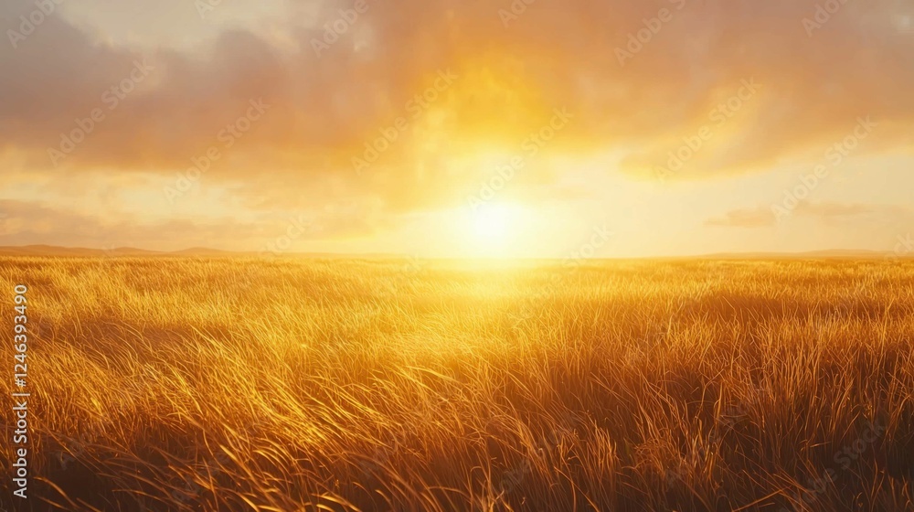 Golden Sunrise Over Lush Grassy Field With Gentle Breeze Golden Sunrise Over Lush Grassy Field With Gentle Breeze