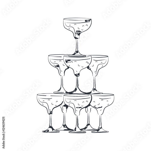 The champagne tower, hand-drawn in black ink. Vector illustration in the form of doodles, isolated. A design element for weddings, cocktail parties, bachelorette parties, menu.