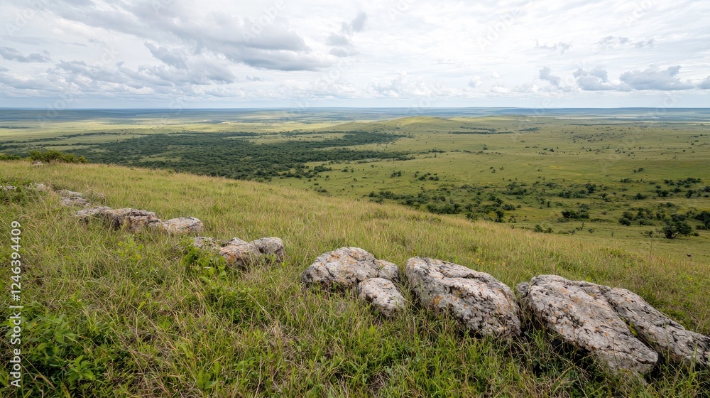 Grassland vista from hilltop, cloudy sky, distant plains Grassland vista from hilltop, cloudy sky, distant plains