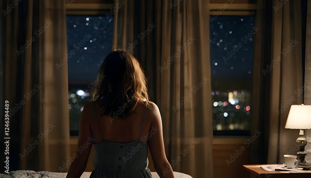 Back view of woman sitting on her bed looking out of window at night, dealing with trouble sleeping - stay up all night with sleeping difficulty or insomnia Back view of woman sitting on her bed looking out of window at night, dealing with trouble sleeping - stay up all night with sleeping difficulty or insomnia