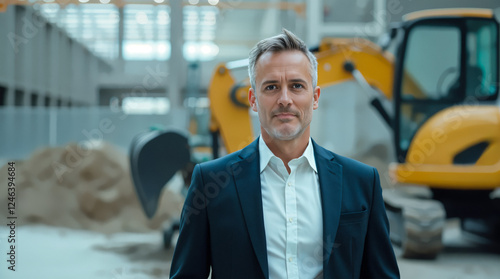 confident businessman in dark suit standing in front of heavy machinery photo