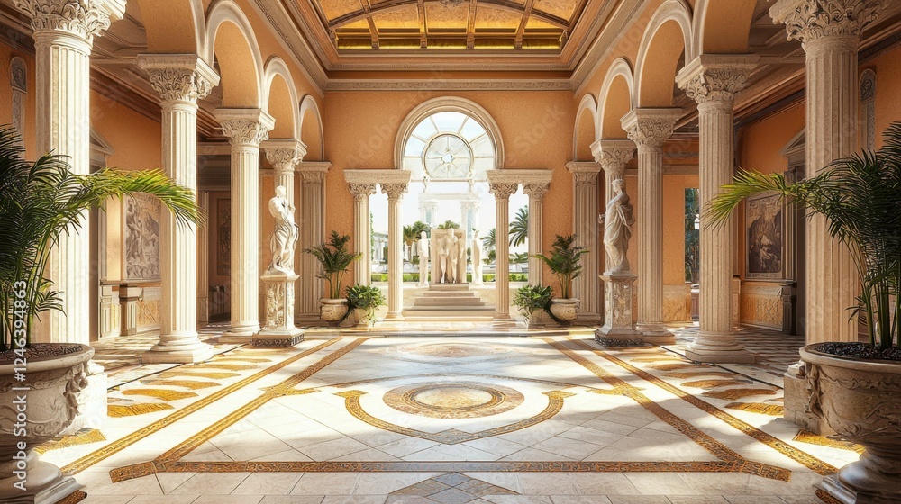 Obraz premium Elegant marble hall with columns, statues, and natural light