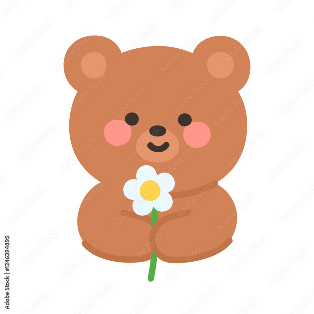 Obraz premium Korean Style Bear Emoji Holding White Daisy Flower in Hand