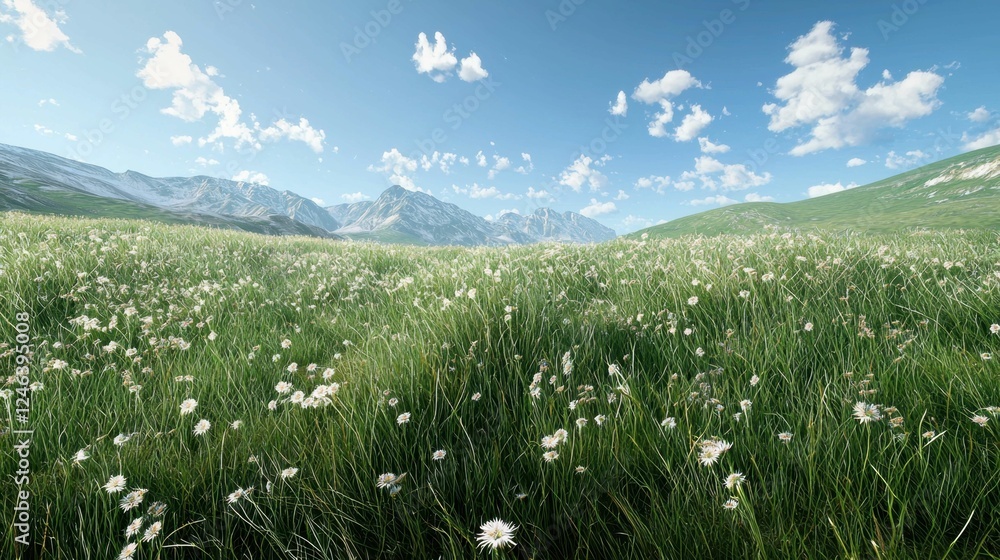 Serene Meadow Landscape Under Bright Blue Sky with Mountain View Serene Meadow Landscape Under Bright Blue Sky with Mountain View