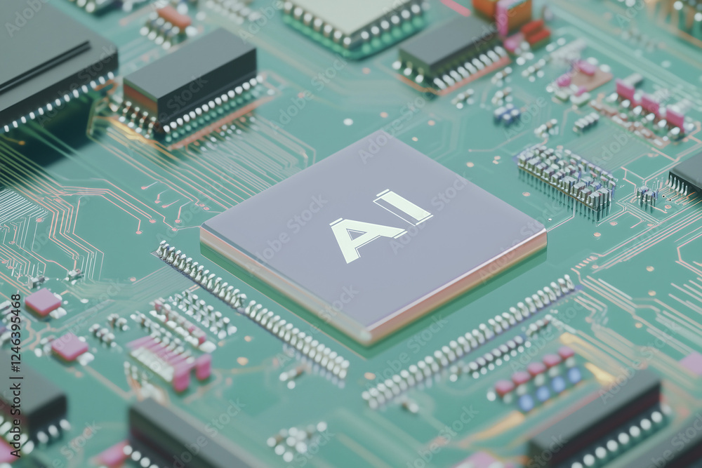 AI Chip on Circuit Board: A close-up of a microchip etched with the letters 