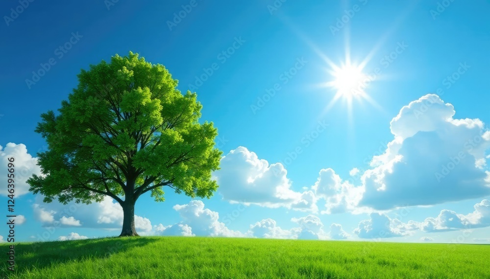 Obraz premium Treeline against a vast blue sky with fluffy white clouds, tree, sun, cloud