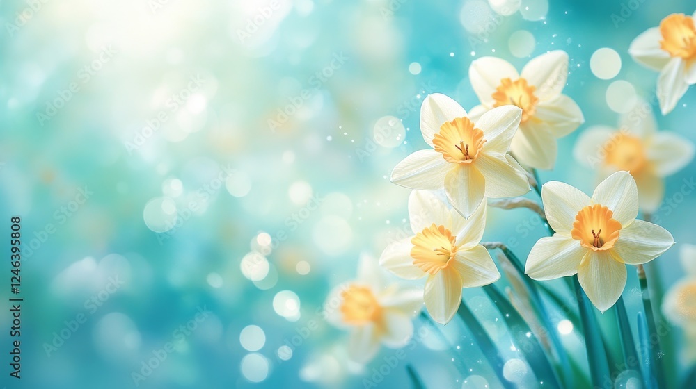 Obraz premium Spring Background. Yellow Daffodils in Bloom, Close Up, Nature with Green Grass and Blue Sky.