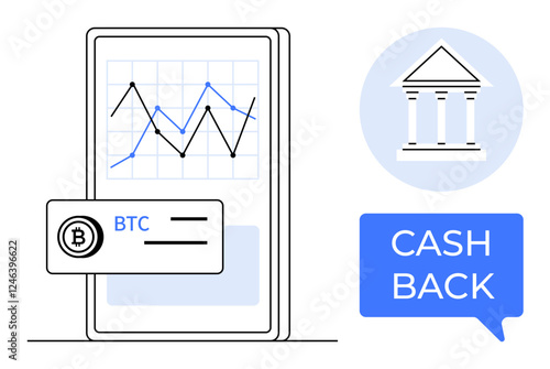 Graph showing cryptocurrency trends on a mobile device, a BTC card, and a cashback speech bubble icon. Ideal for finance, banking, investments, cryptocurrency, mobile apps, online transactions