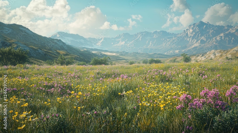 Fototapeta premium Scenic Meadow with Colorful Flowers and Majestic Mountain View