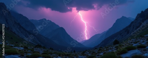 The flash of a lightning strike illuminates the rocky mountain landscape, serene, stormy,