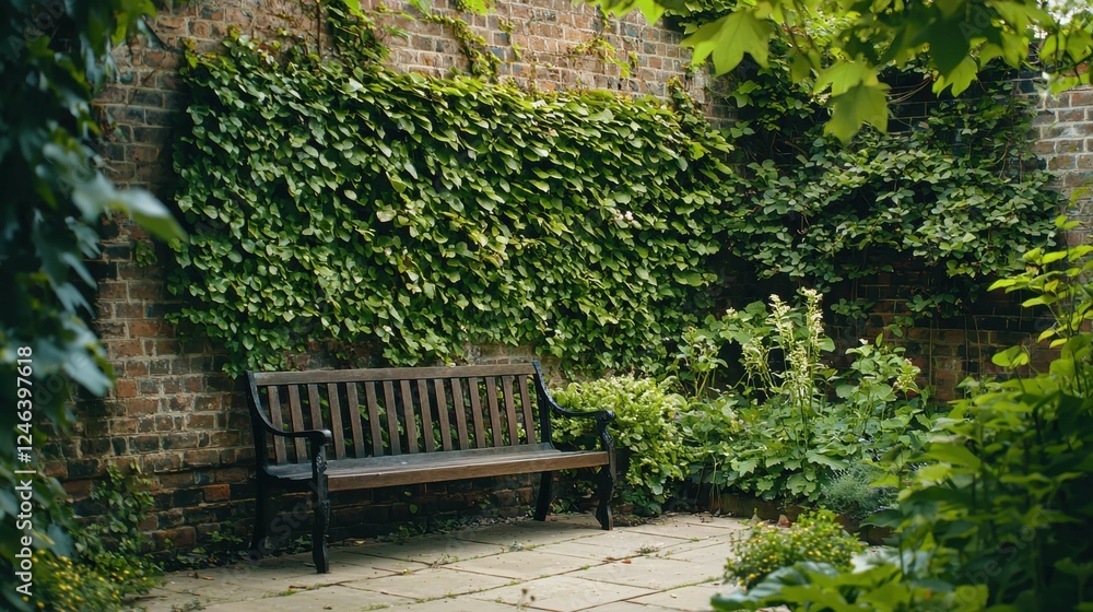 Serene Garden Bench Surrounded by Lush Green Ivy and Plants Serene Garden Bench Surrounded by Lush Green Ivy and Plants