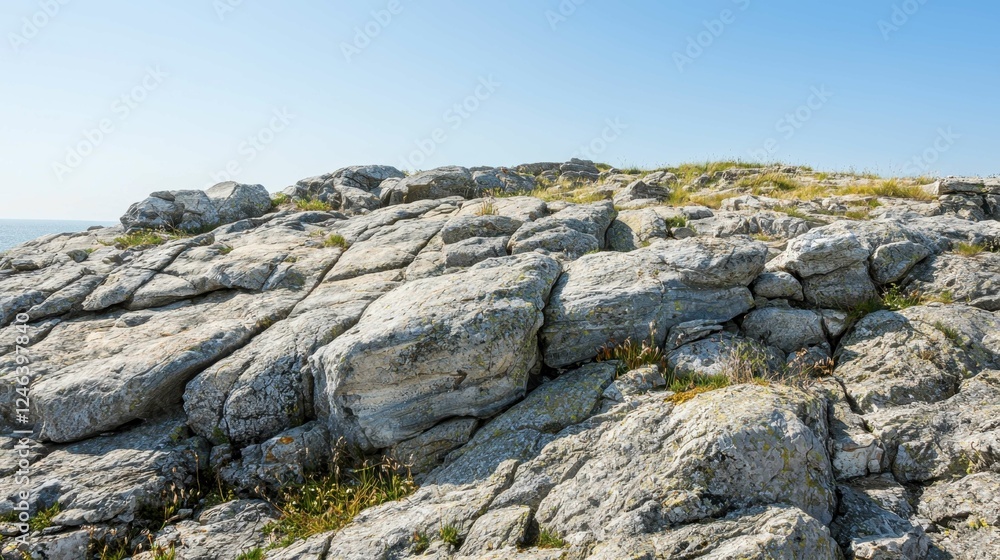 Grassy Rocky Landscape Under Clear Blue Sky on Sunny Day Grassy Rocky Landscape Under Clear Blue Sky on Sunny Day