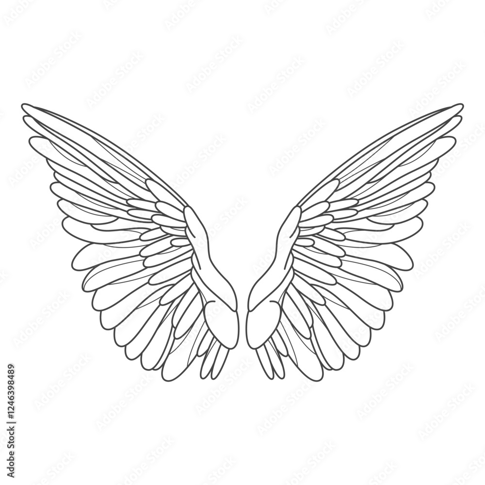 Obraz premium Isolated angel or bird wings. Vector heraldic heavenly and angelic, graceful symbol for divine or spiritual, celestial theme. Contour and outline design for phoenix or eagle tattoo. Mascot element.