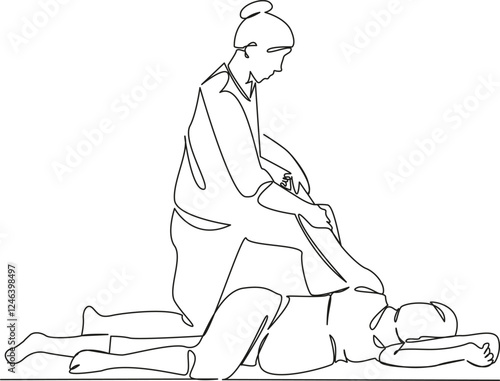 One continuous single drawing line art flat doodle pregnant woman, massage, relaxation, massage therapist, osteopath, preparation for childbirth. Isolated image hand draw contour on a white background