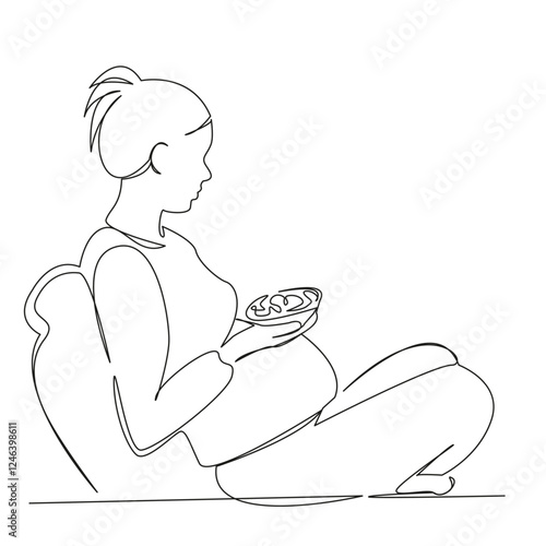 One continuous single drawing line art flat doodle pregnant, nutrition, lifestyle, food, mother, expectation, pregnant woman. Isolated image hand draw contour on a white background, hand drawn, not AI