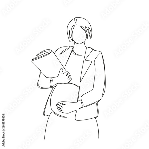 One continuous single drawing line art flat doodle woman pregnant, mother, working, business, pregnant woman at work. Isolated image hand draw contour on a white background, hand drawn, not AI