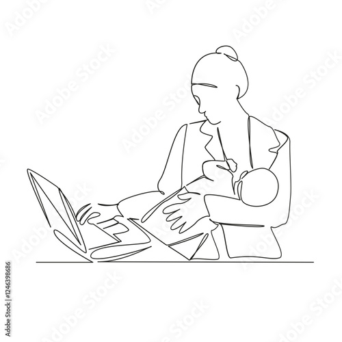 One continuous single drawing line art flat doodle mother, child, working woman, computer, technology, working mom. Isolated image hand draw contour on a white background, hand drawn, not AI