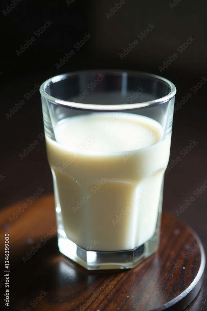 Glass containing a few drops of milk on a dark wood surface, liquid, texture, glossy Glass containing a few drops of milk on a dark wood surface, liquid, texture, glossy