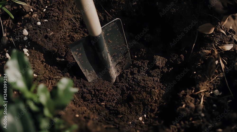 Fototapeta premium Gardening Soil Preparation Agricultural Digging Ground Cultivation Earthwork Manual Labor Organic Gardening Ground Breaking Fundamental Cultivation Technique Outdoor Work Essential Process