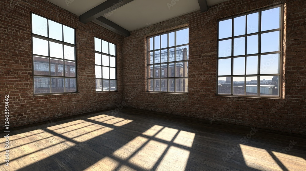 Sunlit Brick Room With Large Paned Windows Sunlit Brick Room With Large Paned Windows