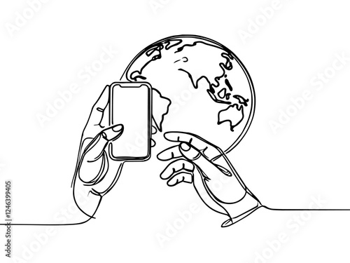 one continuous line of hands touching the cellphone and the world.one line drawing of technology opening world information with cellphones.exploring the world with cellphones.single line vector