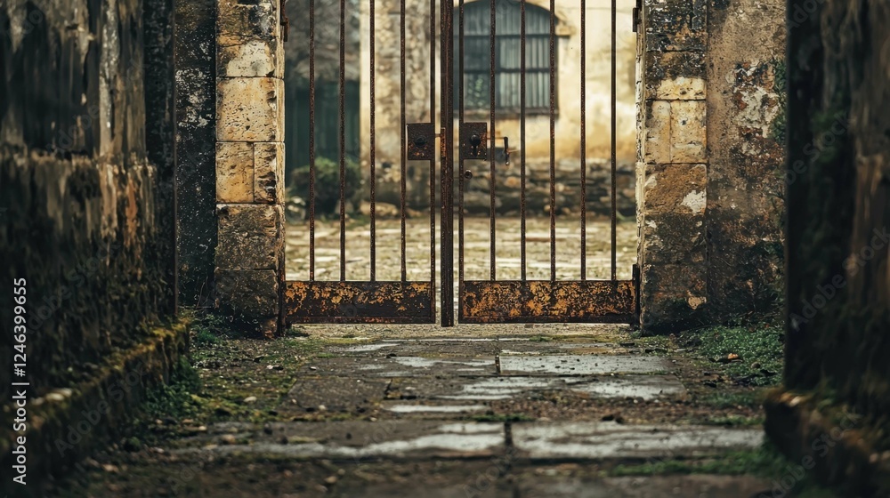 Rustic Iron Gate Framed by Weathered Stone Walls in an Abandoned Area Rustic Iron Gate Framed by Weathered Stone Walls in an Abandoned Area
