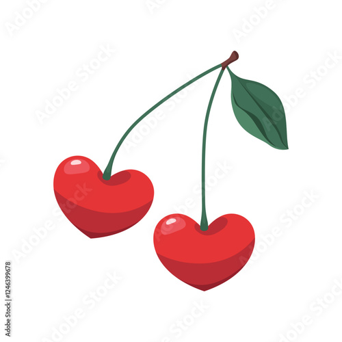 Vector cherry in heart shape. Valentines day symbol. Sweet and romantic element design for love and affection, romantic theme. Loving festive or relationship holiday. Lover and passion clipart.