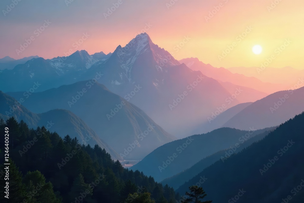 Obraz premium Mountain peaks shrouded in mist, slowly revealing sunrise, mountains, tranquil